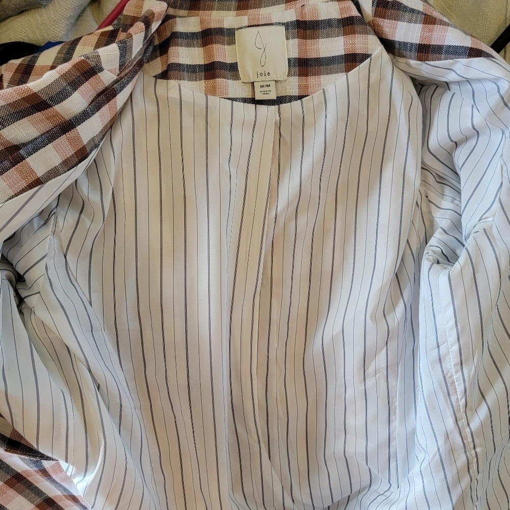 Joie Plaid Womens Cotton Blend Button Lined Blazer Jacket Tan Cream Navy Size M - Picture 9 of 11